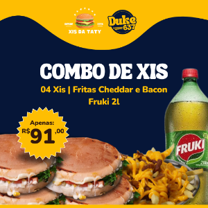 Combo de 4 Xis + Fritas  cheddar e bacon + Fruki 2L