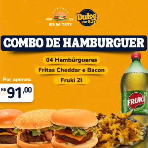 Combo de 4 Hambúrgueres  + Fritas cheddar e bacon  + Fruki 2L
